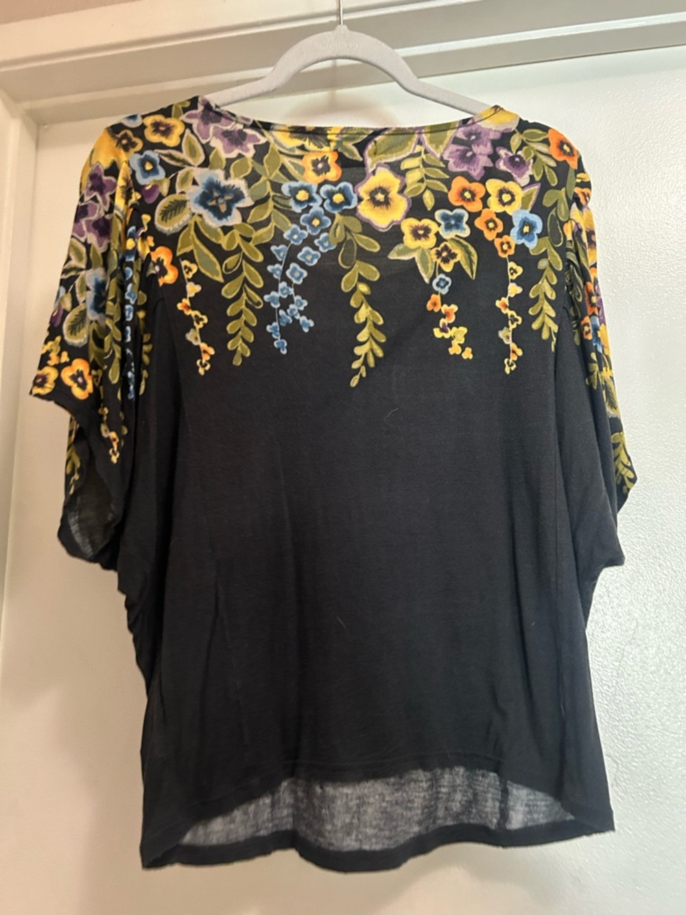 Deletta Black Short Sleeve Top with Yellow and Purple Floral Yoke - Picture 2 of 3